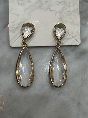 Gold-Trim Clear Teardrop Drop Earrings - Women Jewelry